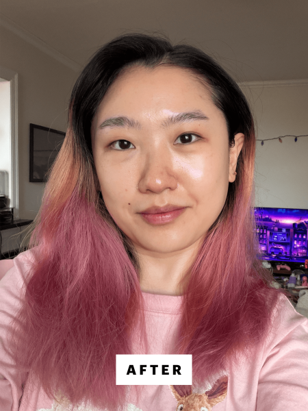 A selfie of Allure commerce editor Sarah Han after applying the Roz Root Lift Spray