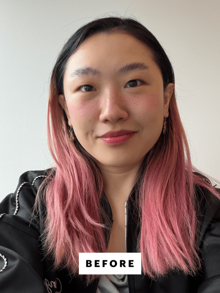 A selfie of Allure commerce editor Sarah Han before applying the Ilia Eye Stylus Shadow Stick in Nymph